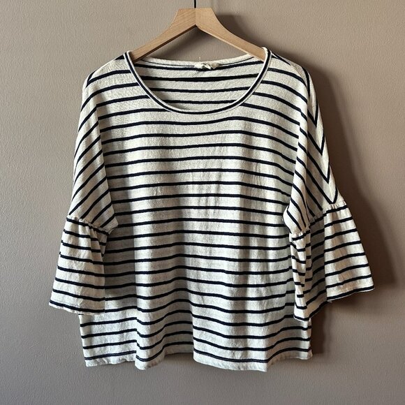 Women's M Madewell Striped Flare bell sleeve blouse Ivory Blue Ruffles - Picture 4 of 9